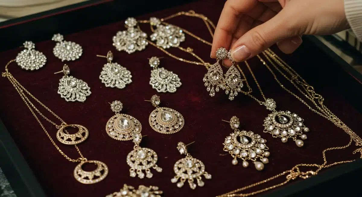 Close-up of sparkling Shein statement earrings and layered necklaces on a velvet tray.