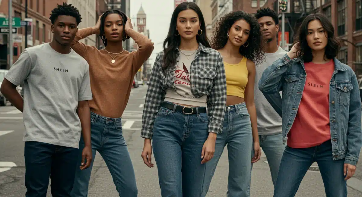 Diverse young adults wearing Shein fashion, showcasing the brand's appeal and market presence in the US.