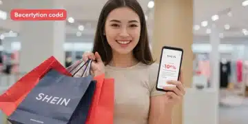 Woman happily holding Shein shopping bags, using phone for discounts
