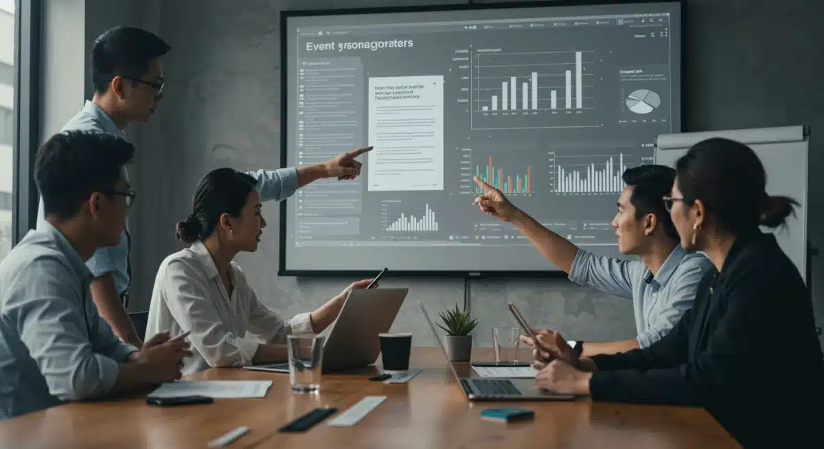 Event planning team analyzing new sports regulatory changes on a large screen in a conference room.