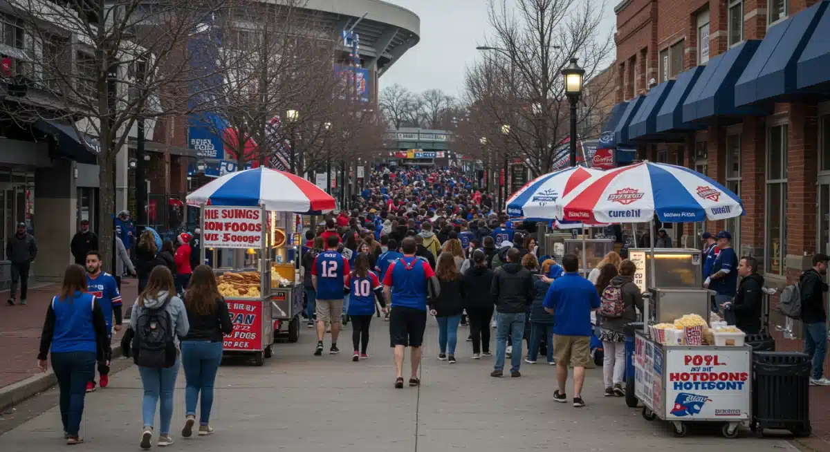 Fans and vendors outside a sports arena, demonstrating local business engagement and economic activity.