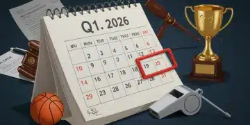 Q1 2026 regulatory changes impact on sports event planning calendar with legal documents and sports gear.