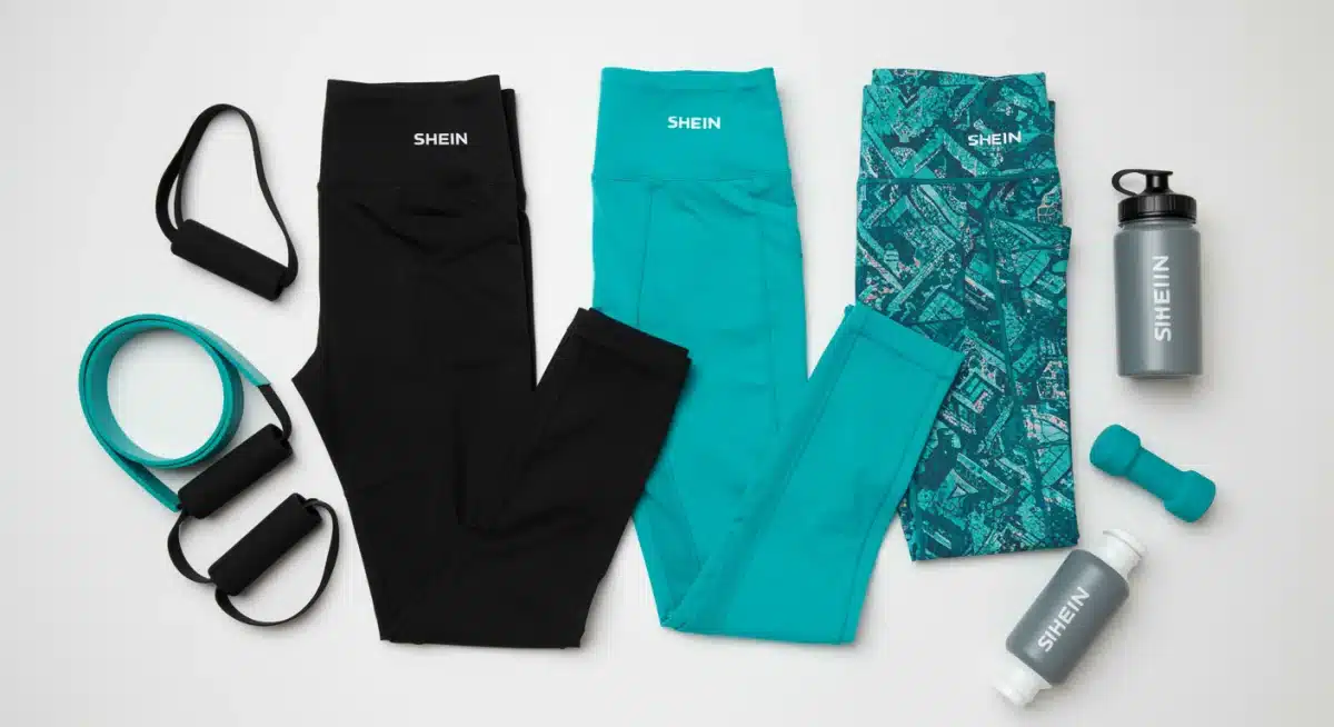 Variety of Shein fitness leggings in different colors and designs laid flat
