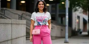 Young woman in trendy Shein outfit, urban background