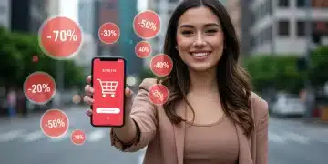 Woman confidently displaying affordable Shein fashion, using smartphone for smart shopping.