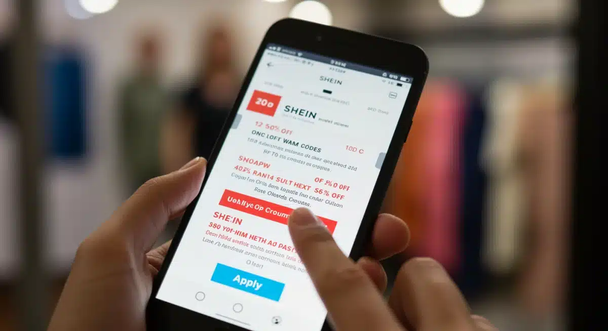 Smartphone screen showing Shein discount codes and coupons, emphasizing savings.