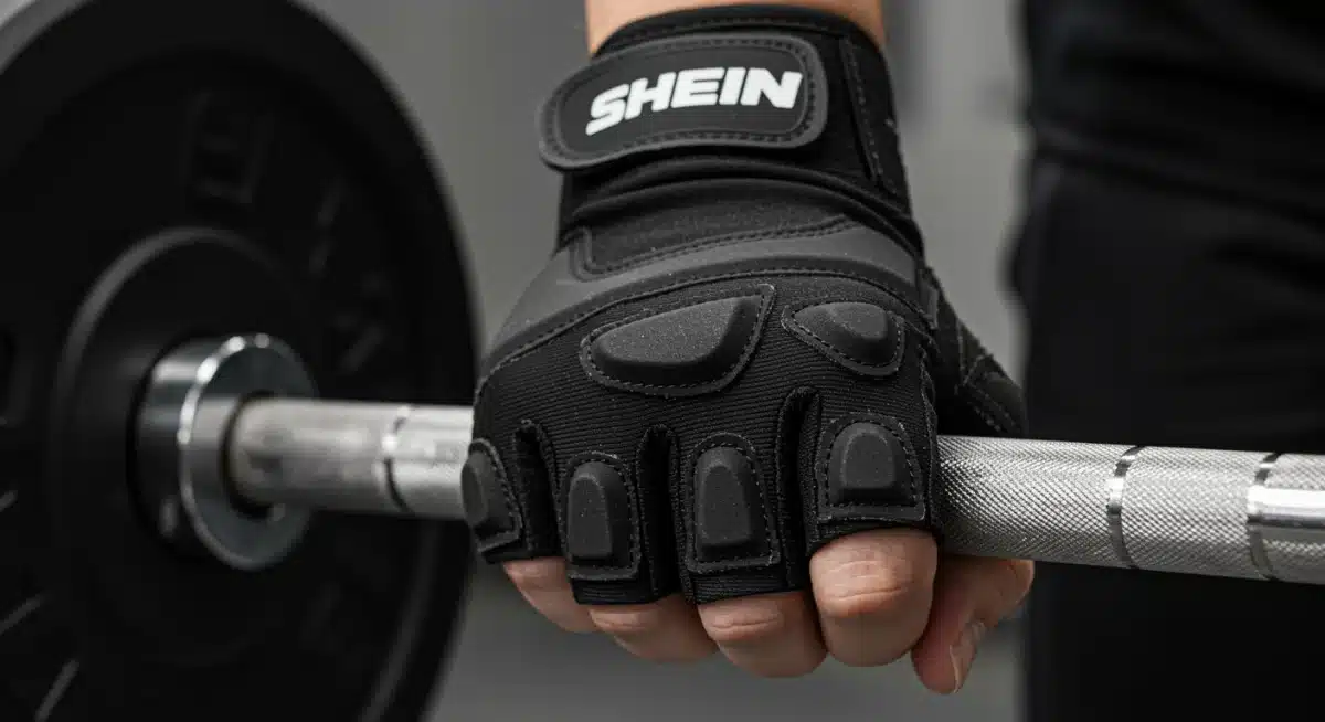 Weightlifter's hand with Shein 2026 fitness glove gripping a barbell, showcasing palm protection