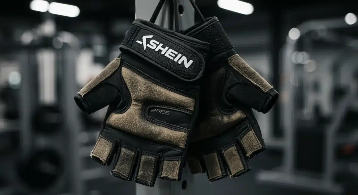 Worn Shein 2026 fitness gloves hanging on a gym rack, demonstrating long-term durability