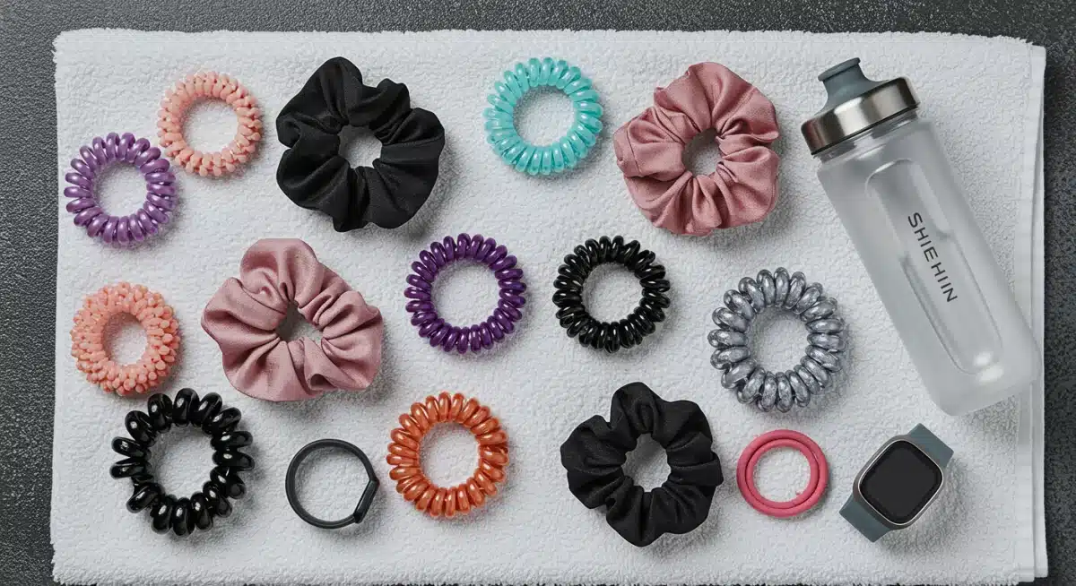 Variety of Shein hair ties and scrunchies for different workout needs.