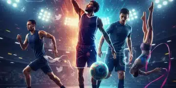 Athletes engaged in sports with social media icons, symbolizing digital promotion