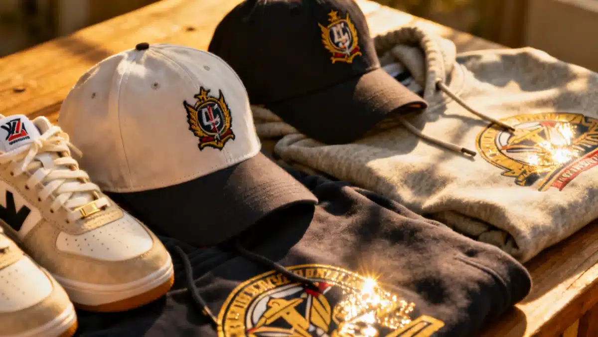 Athletic-inspired accessories including branded sneakers, caps, and hoodies, representing youth fashion trends.
