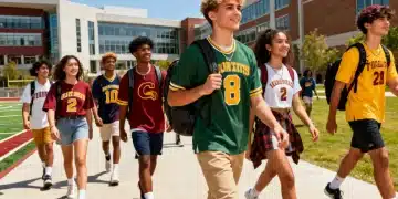 Gen Z students showcasing college athletic-inspired fashion on campus, blending team spirit with modern streetwear.