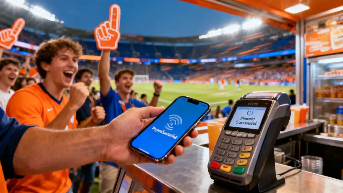 Fan using contactless payment at a sports event concession stand