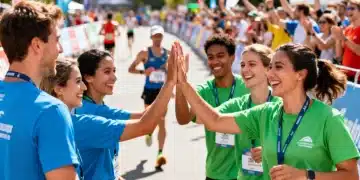 Diverse volunteers celebrating success at a lively 2026 sports event.