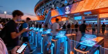 Futuristic sports stadium entrance with contactless ticketing, fast entry