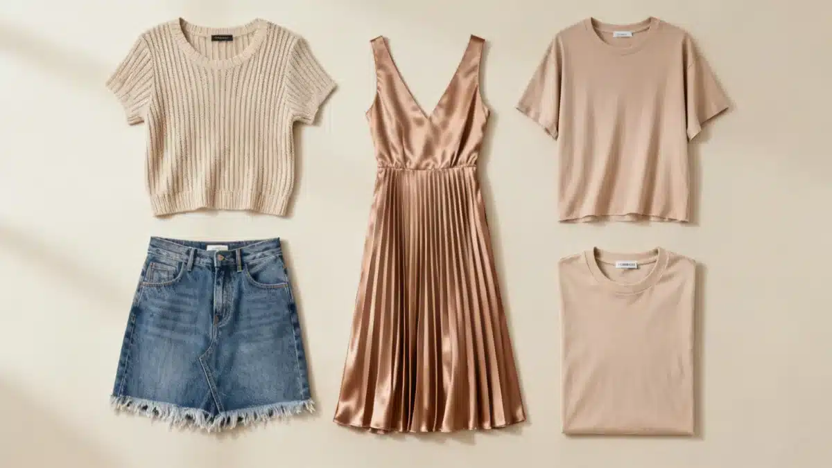 Flat lay of diverse Shein garments illustrating different fabric types and construction typical of the brand.