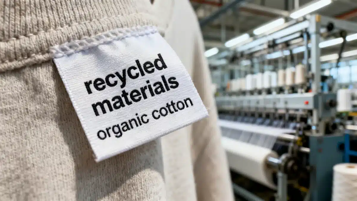 Garment label highlighting recycled materials in a sustainable factory setting