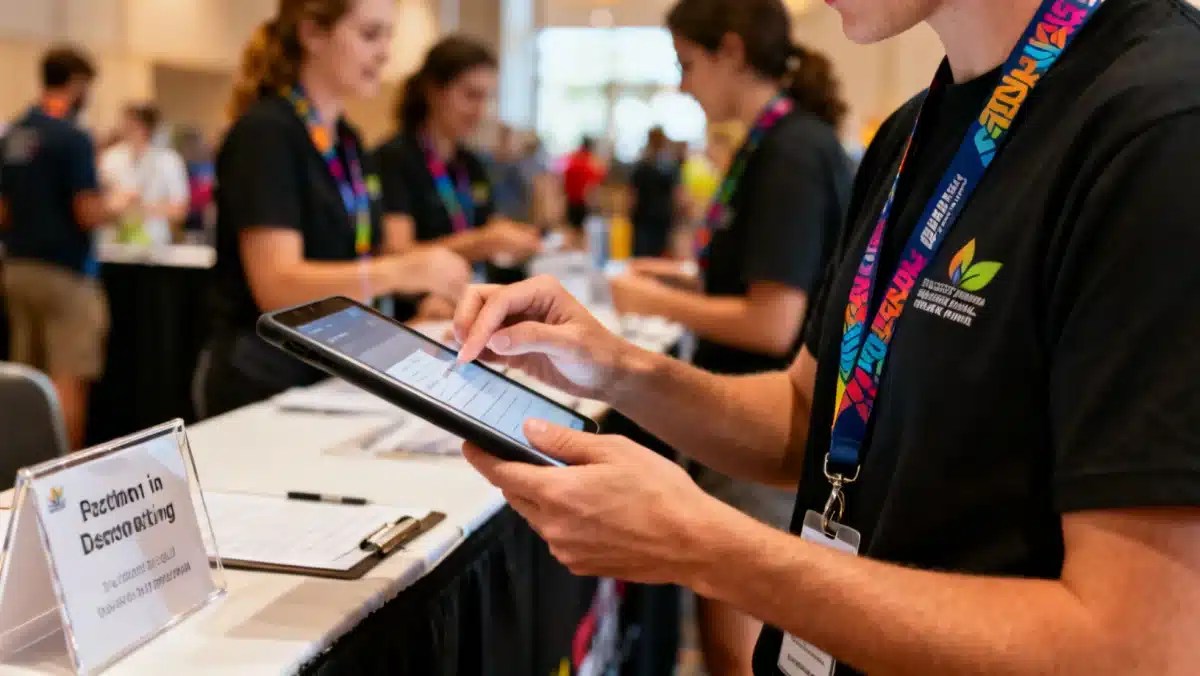 Volunteer checking in participants with a tablet at a modern sports event registration.