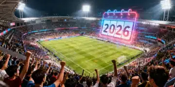 Modern stadium with countdown, symbolizing preparation for 2026 sports events.