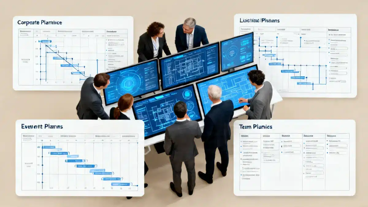 Event planning team strategizing with digital blueprints and timelines.