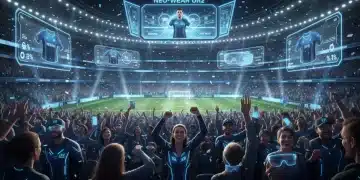 Futuristic sports stadium with fans wearing innovative, personalized merchandise in 2026.