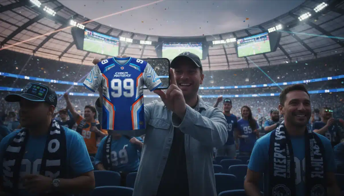 Fan using augmented reality to customize a sports jersey at an event.