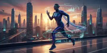 Futuristic athlete in AI-designed sports fashion, with data overlays