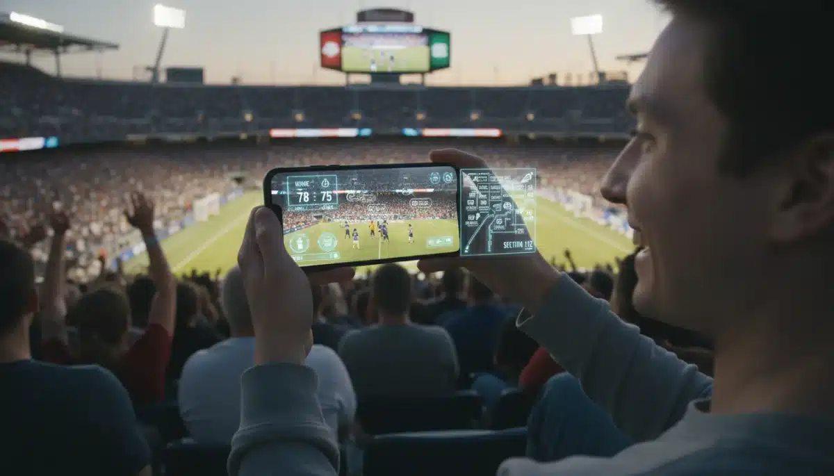 Fan using augmented reality app at a sports event for real-time stats and navigation.