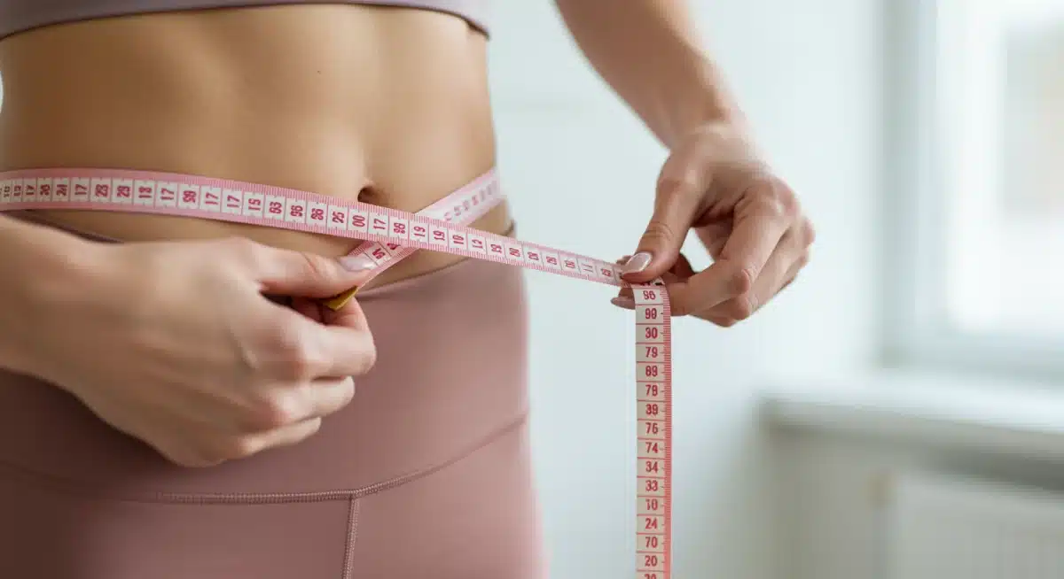 Person measuring waist with tape measure, demonstrating accurate body measurement for activewear sizing.
