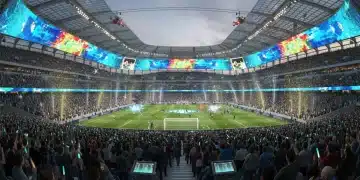 Modern sports stadium filled with enthusiastic fans during a major event, showcasing advanced lighting and digital displays.