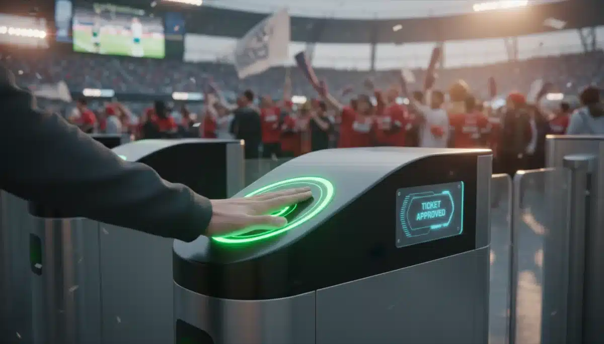 Biometric ticket scanning at a sports event entrance, ensuring secure access.
