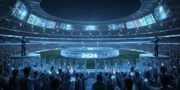 Futuristic stadium entrance with digital ticketing and advanced security measures for 2026 sports events.