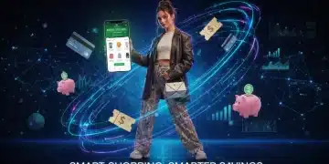 Young woman saving 15% on Shein order with smartphone