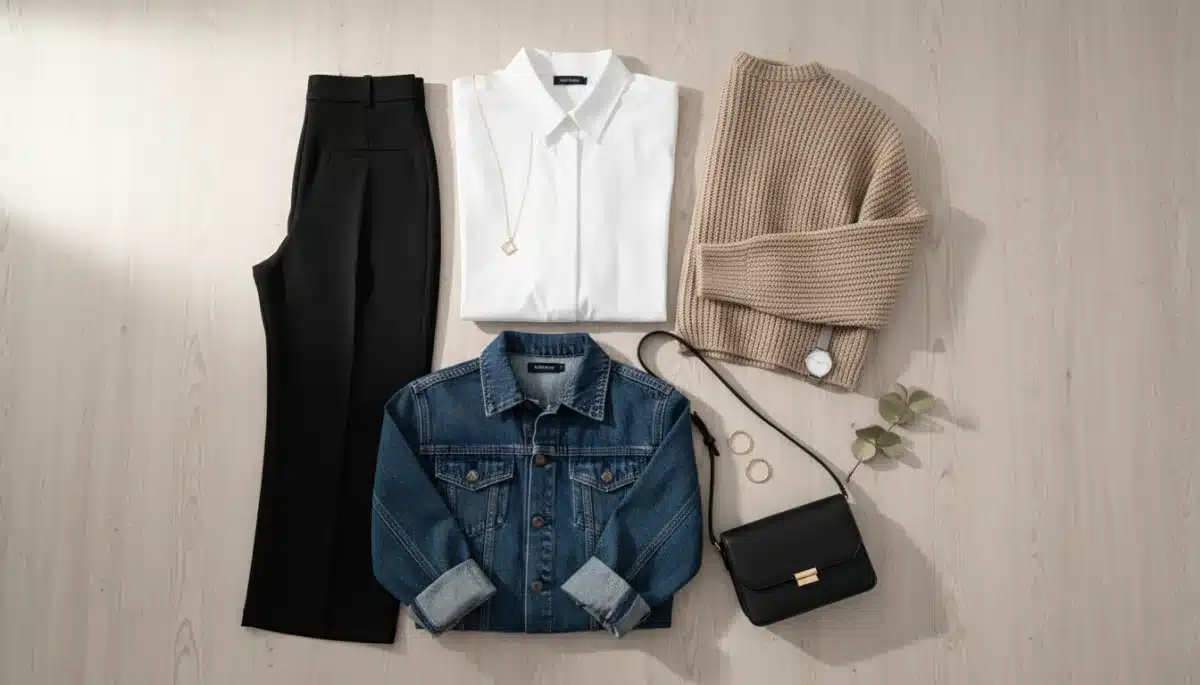 Flat lay of essential minimalist chic Shein clothing items
