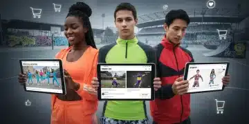 People interacting with sports fashion on social media, reflecting online purchase trends for 2026.