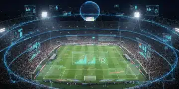 Aerial view of sports stadium with data analytics overlays
