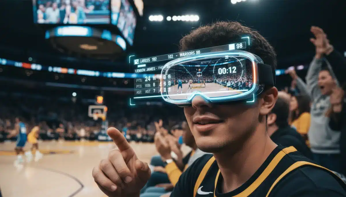 Fan experiencing augmented reality overlays at a live basketball game