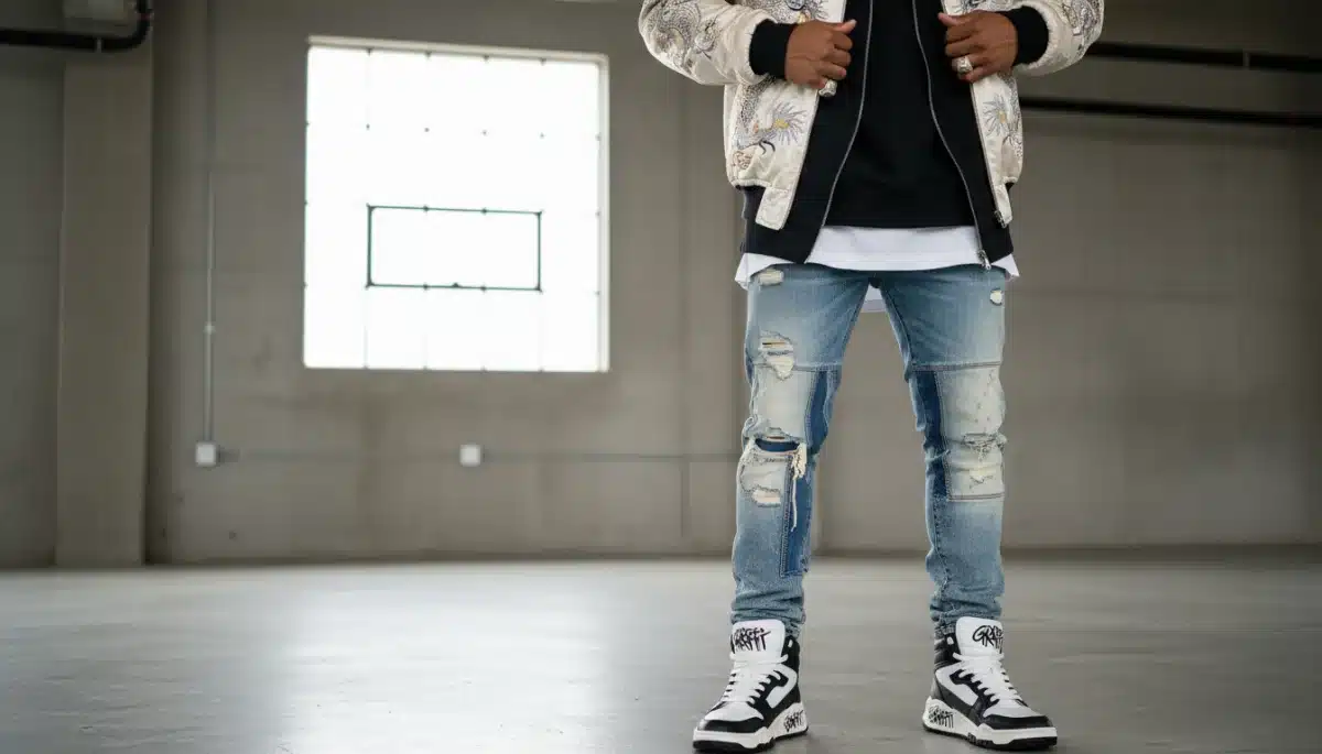 NFL player in a detailed streetwear outfit, showcasing designer elements and layering.