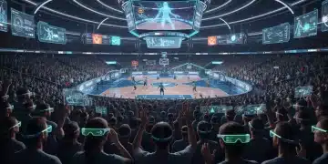 Futuristic sports fans using VR headsets and AR glasses at a stadium in 2026