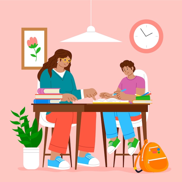 A parent is sitting at a table with their child, helping them with their homework. The child is smiling and engaged, while the parent is providing guidance.