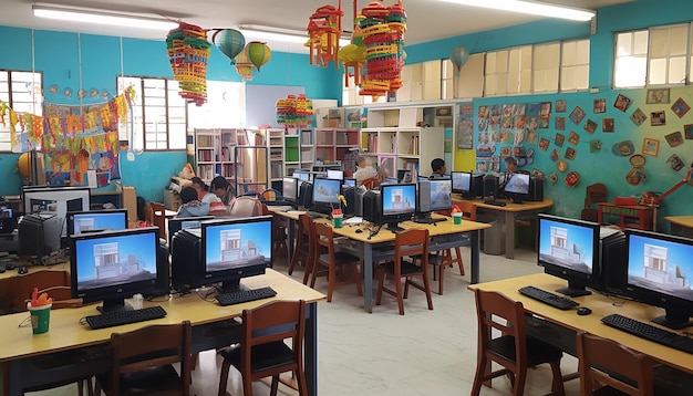 A resource room in a school, equipped with various learning materials, computers, and assistive technology devices. A special education teacher is working with a small group of students, providing individualized instruction and support. The caption reads, 