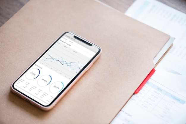A close-up shot of a budgeting app interface on a smartphone showing savings progress with charts and graphs.