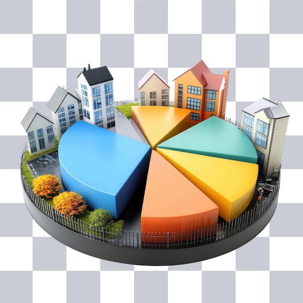 A visual representation of a diversified investment portfolio, split into pie charts showing allocations to stocks, bonds, real estate, and commodities. The image is colorful and easy to understand.