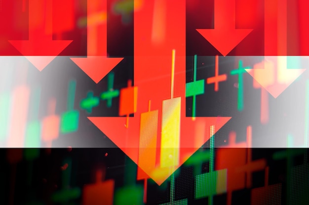 An image representing a stock market crash, with red arrows pointing downwards and panicked investors shown in the background, visually conveying the potential downside risk associated with investing in high-yield bonds during market volatility.