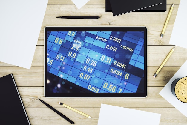 A digital display showing a dashboard with real-time stock market data feeds, analytical tools, and automated trading algorithms. The background is blurred, suggesting a fast-paced, technologically advanced trading environment.