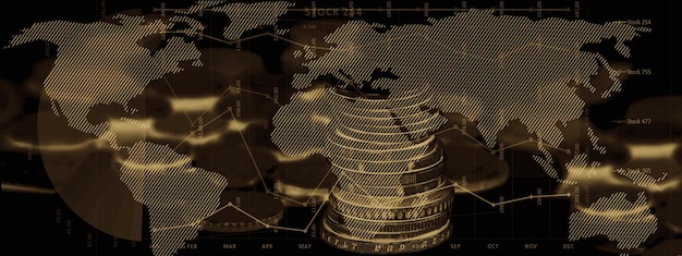 A collage of images representing global economic factors, such as currency exchange rates, oil prices, and interest rate charts.