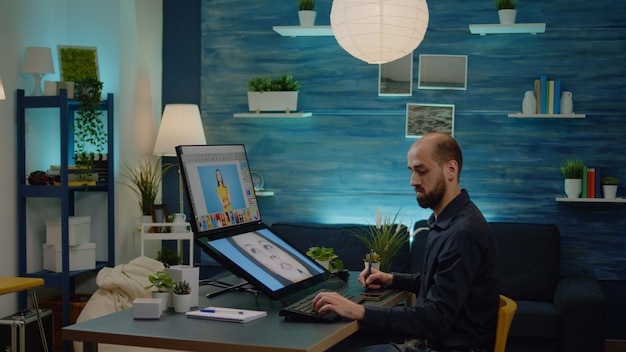 A person sitting at a desk, analysing stocks on a computer, with charts, graphs and analysis displayed across multiple screens.