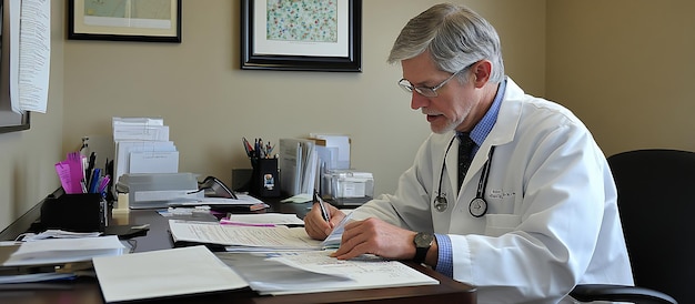 A person reviewing medical bills and HSA statements at their desk, focus is on health financial management.
