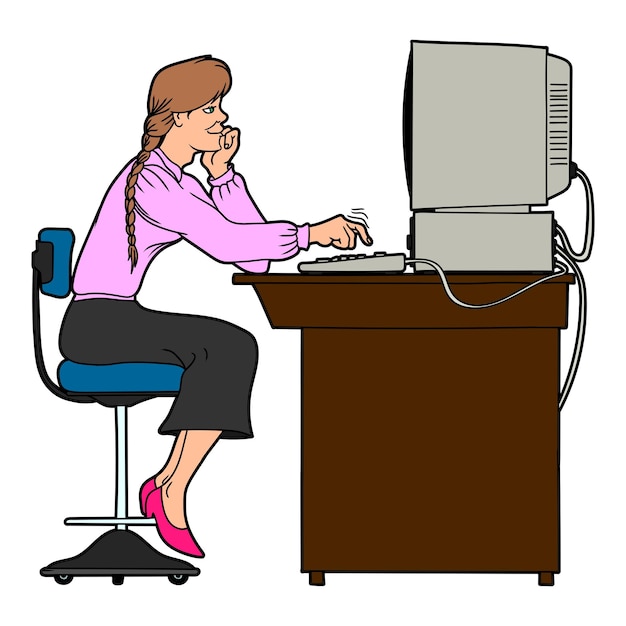 A woman sitting at her desk, looking at her computer screen with a determined expression. Her hand is on the mouse as she navigates an EAP website. The scene suggests she is proactively seeking help.