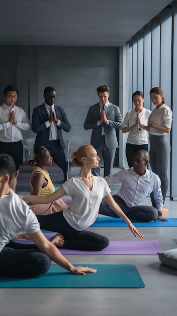 A group of employees participating in a yoga class at the workplace, showcasing wellness programs. The image conveys a sense of relaxation, mindfulness, and a supportive work environment that promotes well-being.